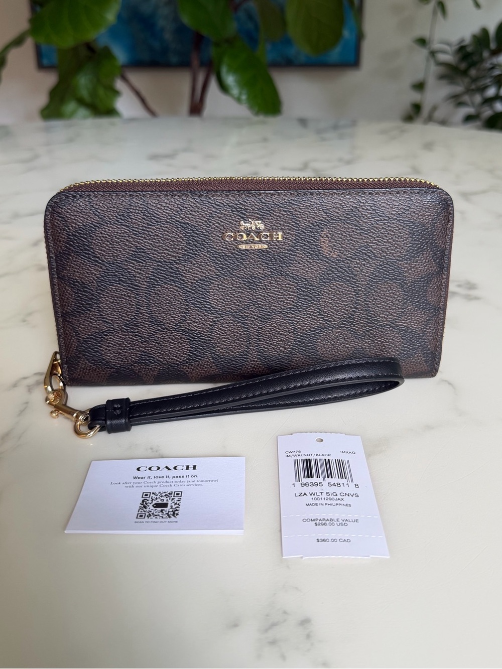 NWT Coach Long Zip Around Wallet Signature Canvas Black Walnut Brown Gold CW778